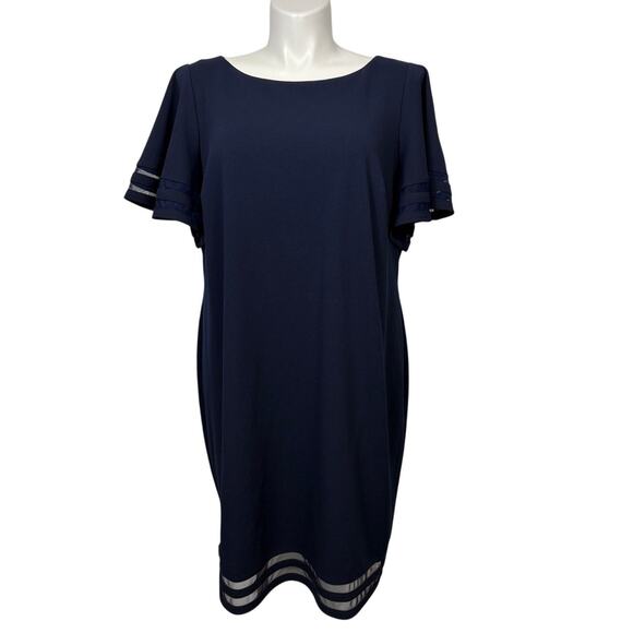 Jessica Howard Navy Blue Shift Dress PLus Size 18W Bell Short Sleeve Sheer Hem - Picture 1 of 8
